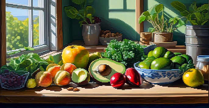 A wooden table filled with colorful raw fruits and vegetables, illuminated by natural sunlight.