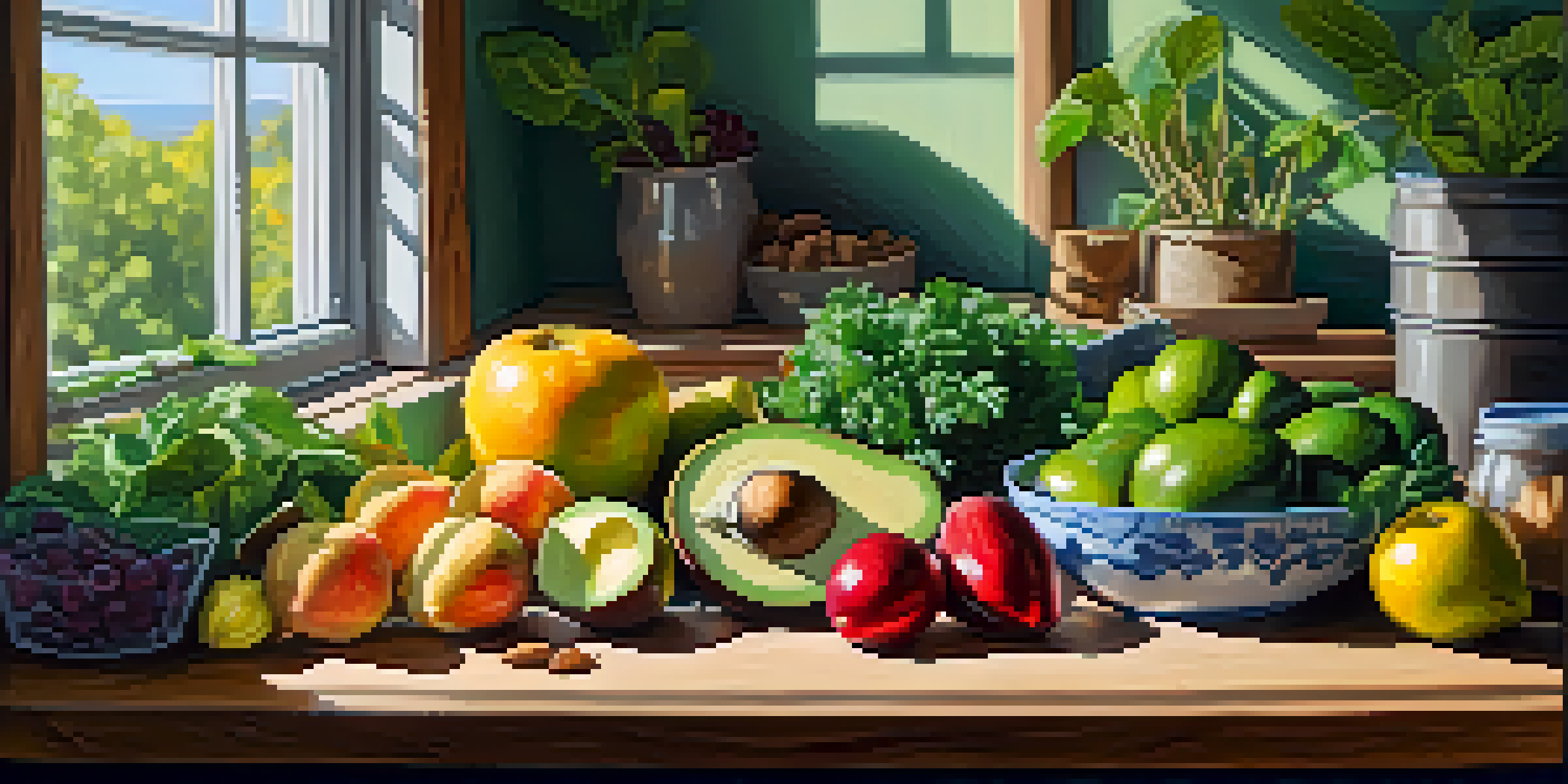 A wooden table filled with colorful raw fruits and vegetables, illuminated by natural sunlight.