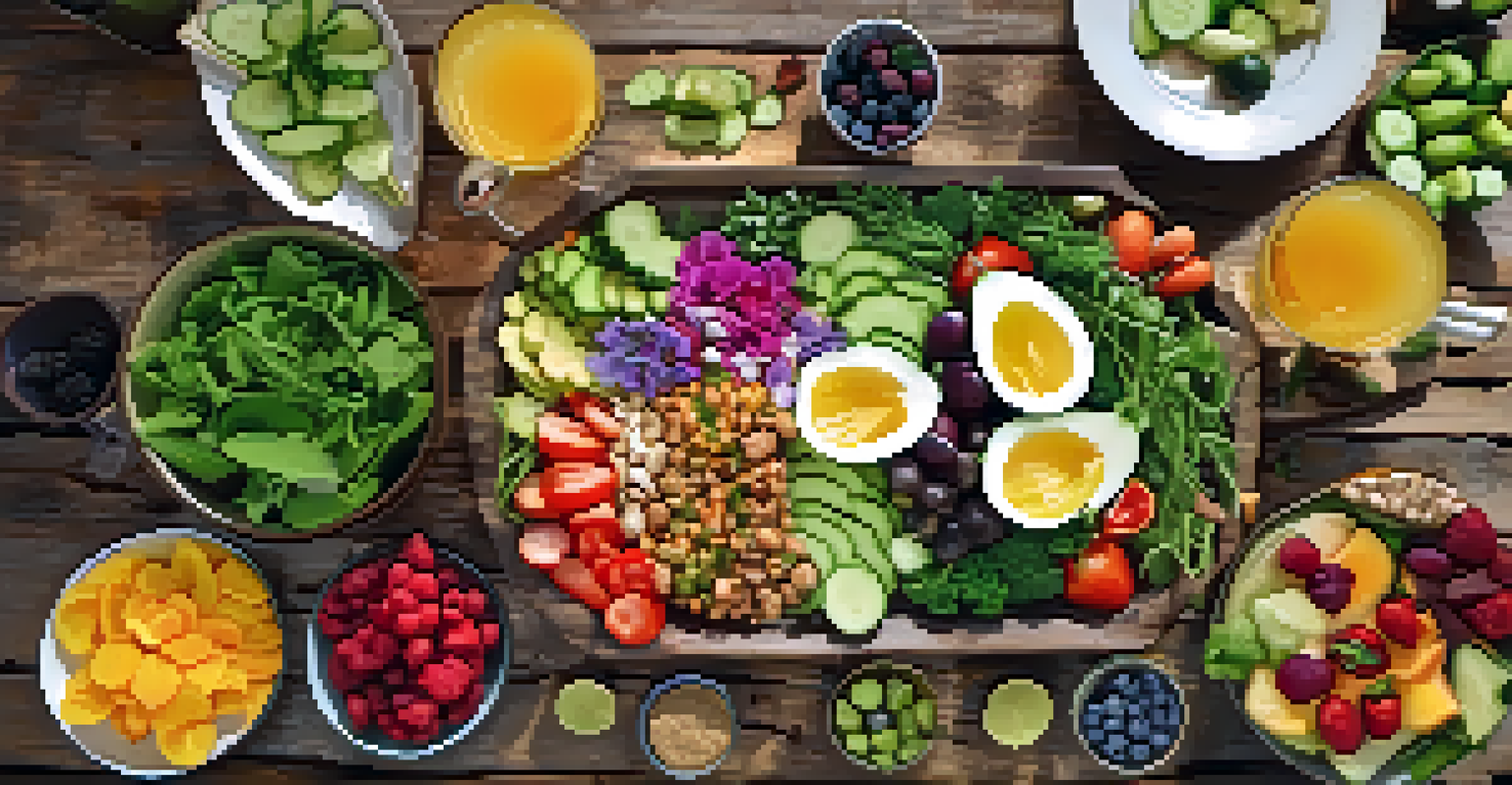 A close-up of a colorful raw food platter with salads and edible flowers on a rustic wooden table.