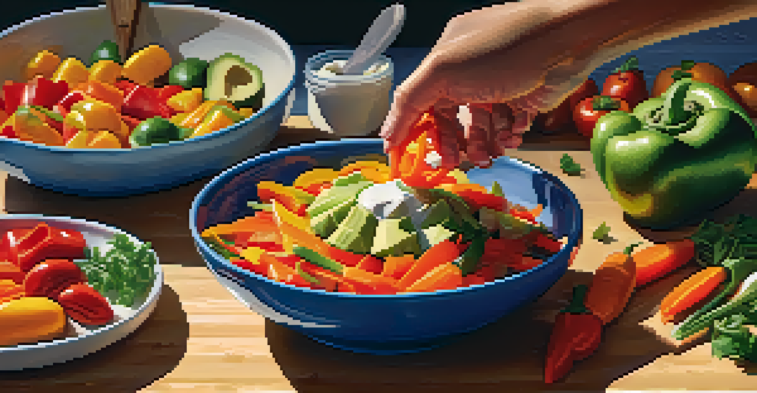 Close-up of hands mixing fresh raw ingredients in a bowl, highlighting the vibrant colors and textures of vegetables.