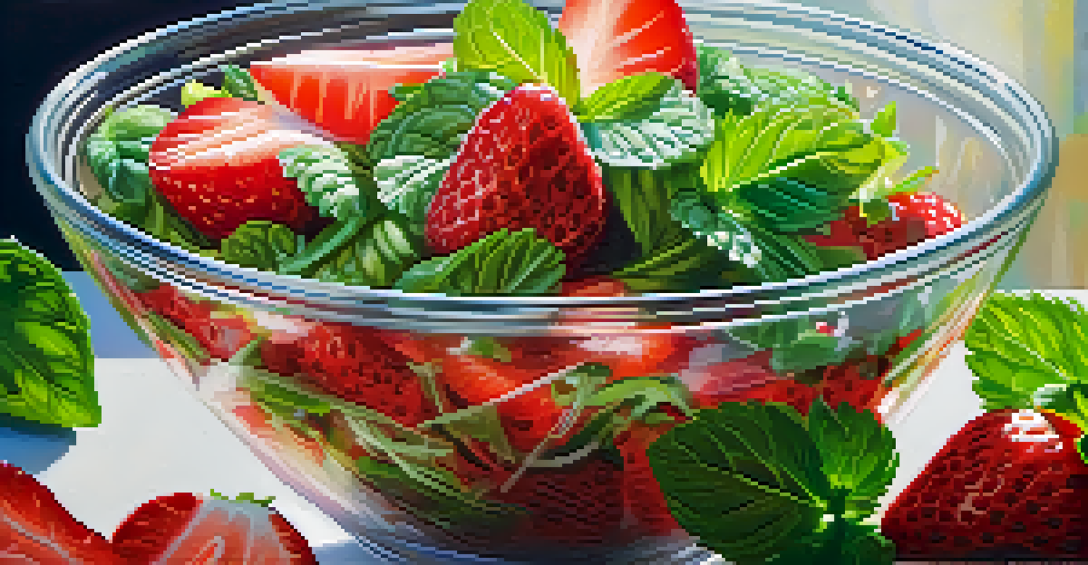 A close-up of a raw salad with strawberries and lime, decorated with mint leaves, showcasing bright colors and fresh ingredients.