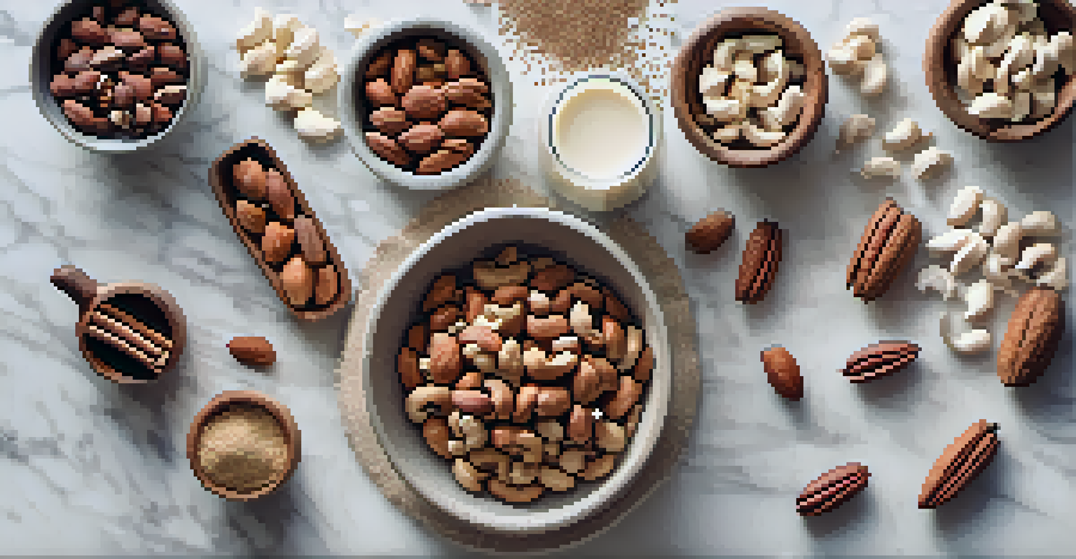 An overhead view of cashews, hazelnuts, and pecans on a marble countertop with a blender and a recipe card, decorated with cinnamon and vanilla beans.