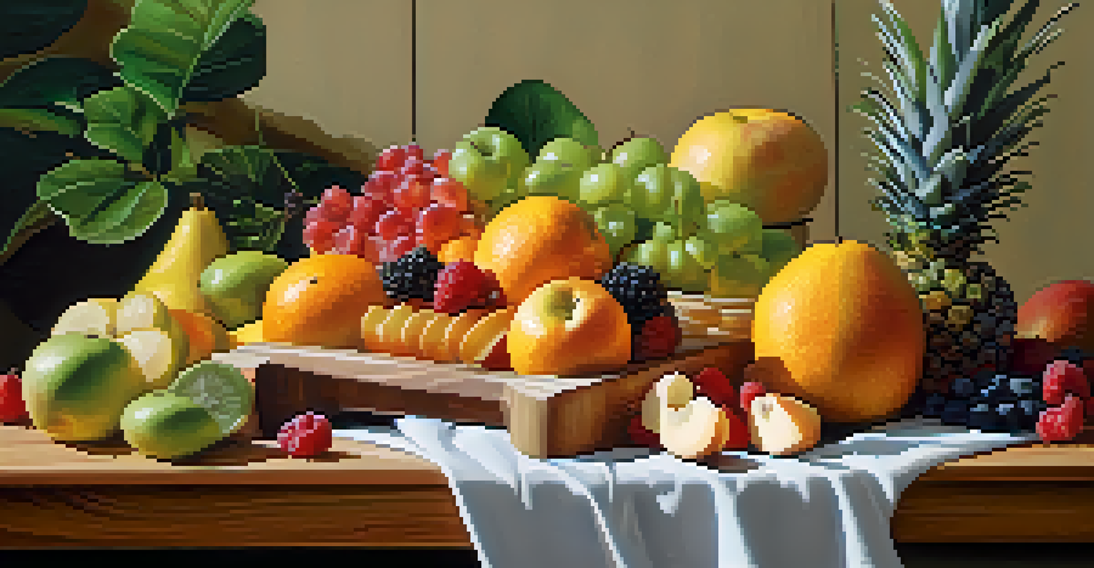 An artistic arrangement of fresh fruits on a wooden cutting board in a cozy kitchen setting.