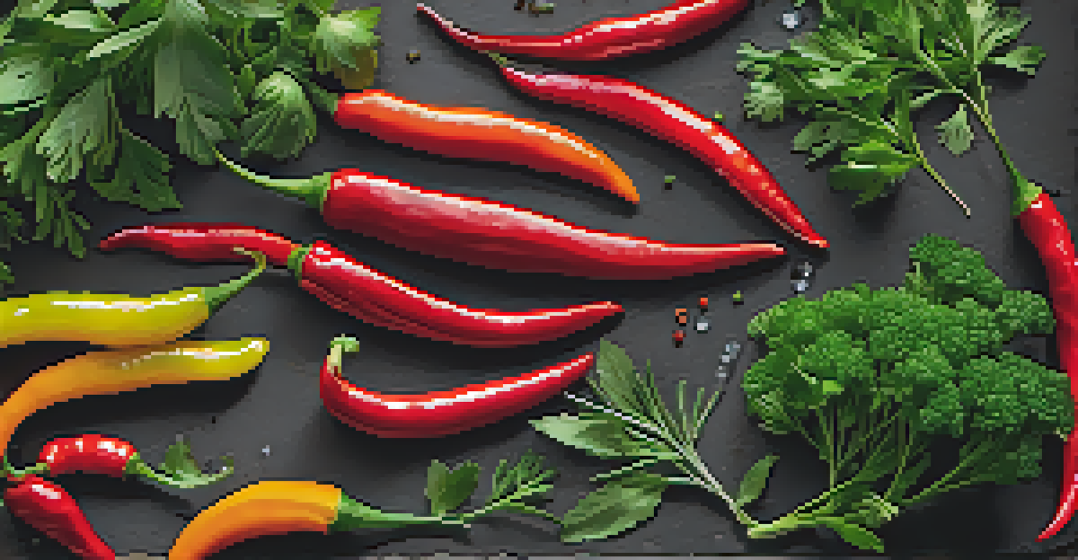An artistic display of fresh herbs and spices, including cilantro, parsley, and chili peppers on a dark slate background.