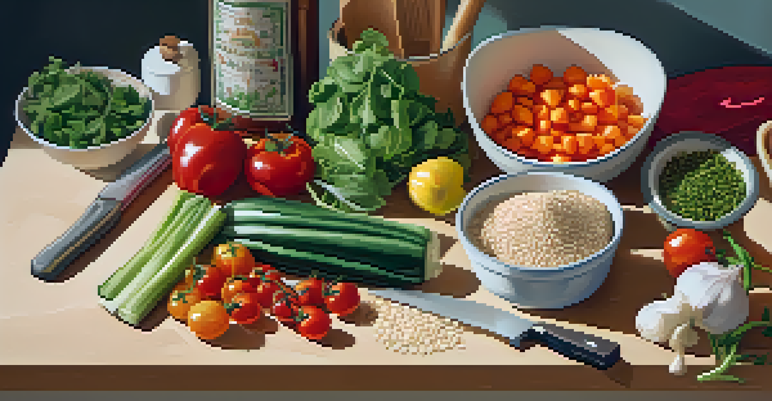 A kitchen countertop showing fresh ingredients being prepared for raw cooking, including chopped vegetables and sprouted seeds, with a knife and bowl of dressing.