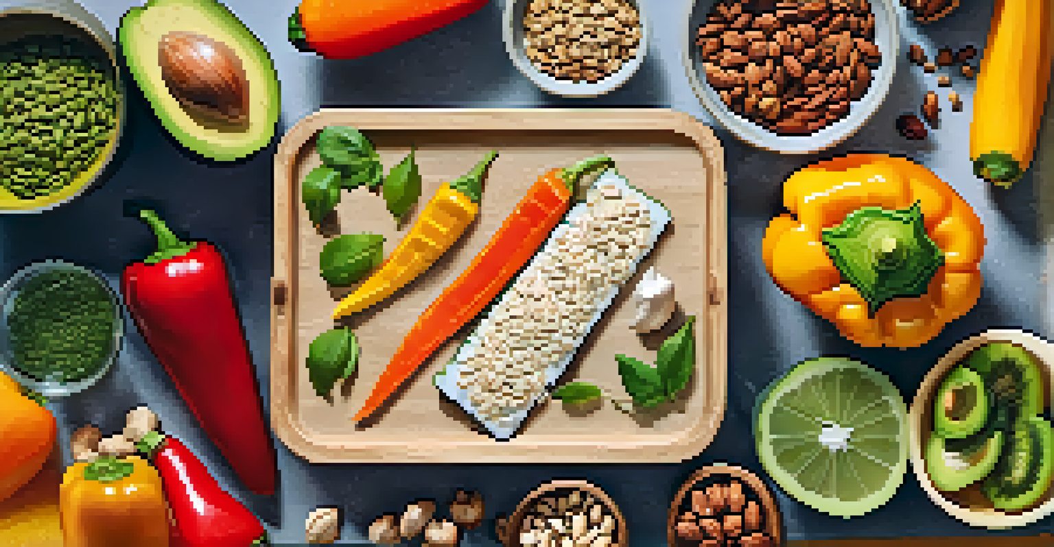 A flat lay of a raw food meal prep scene with chopped vegetables, nuts, and seeds on a marble countertop, illuminated by soft light.