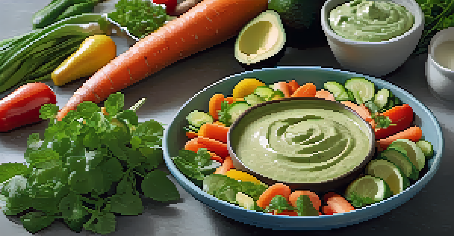 A small bowl of creamy avocado dressing surrounded by fresh herbs and colorful seasonal vegetables, illuminated with soft lighting.
