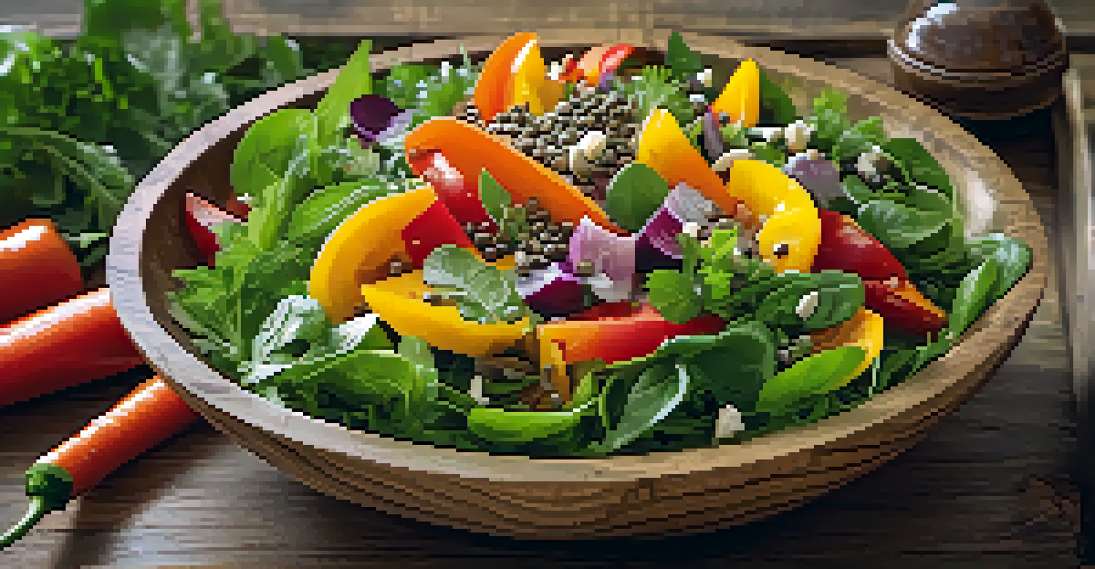 A colorful raw vegetable salad in a rustic wooden bowl, showcasing a variety of fresh ingredients and herbs.