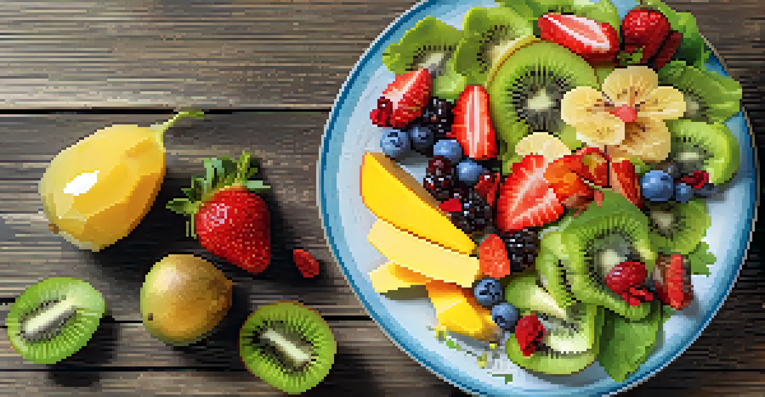 A close-up view of a raw food meal with sliced fruits and a colorful salad on a rustic wooden table, highlighted by natural light.