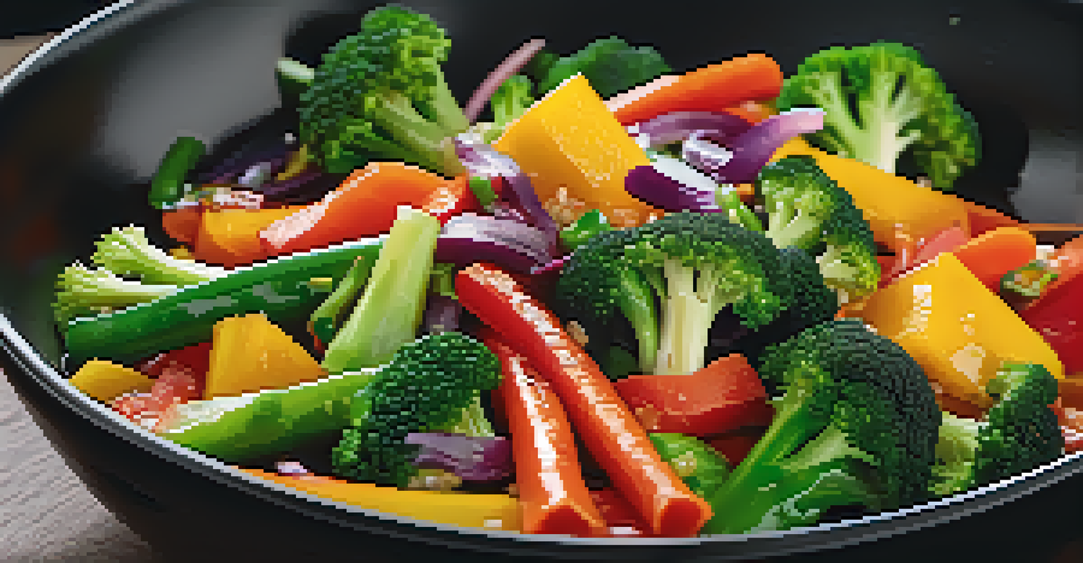 An overhead view of a colorful vegetable stir-fry in a black bowl with chopsticks, set on a dark wooden table.