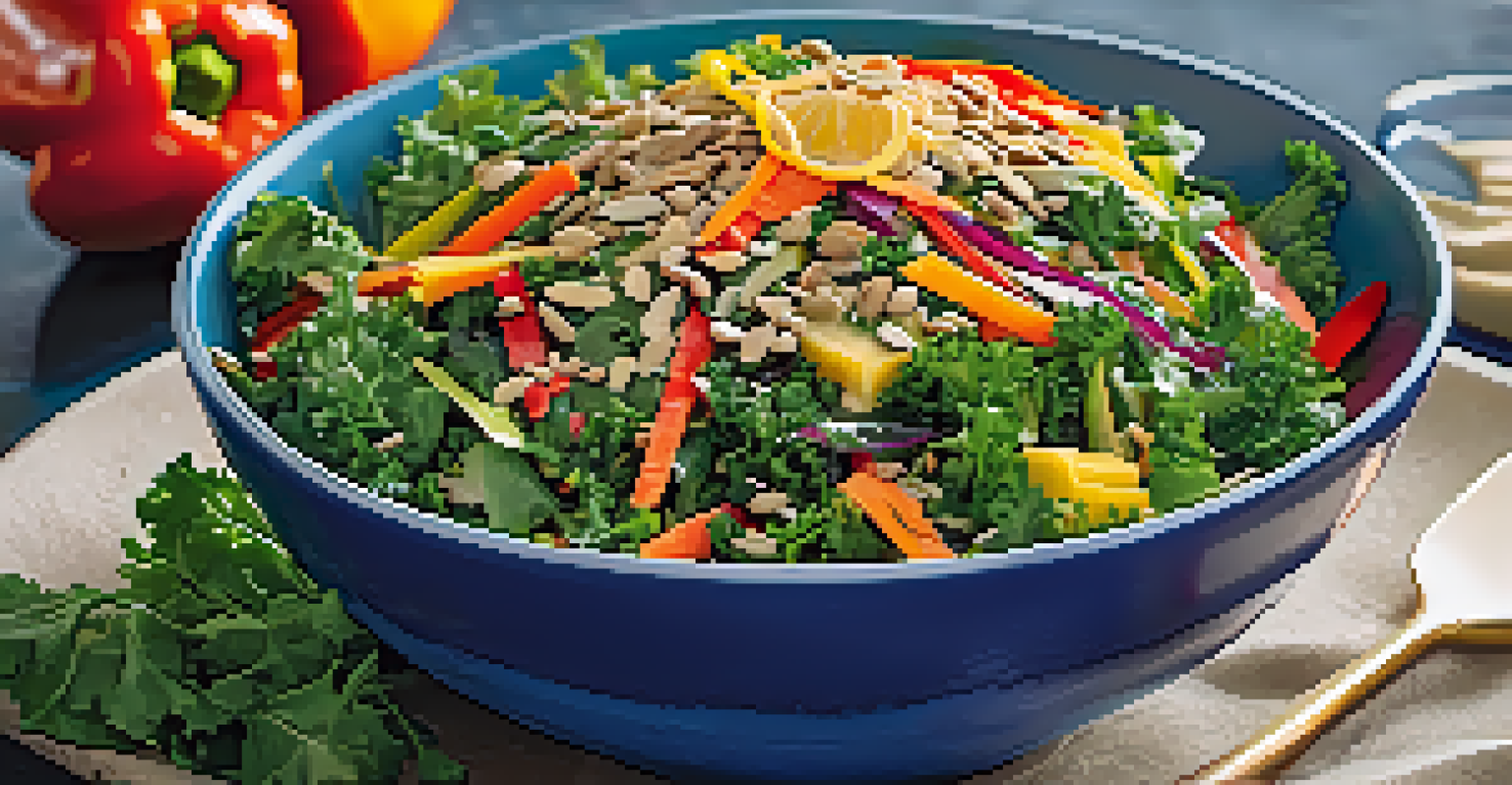 A healthy raw salad with kale, carrots, bell peppers, and sunflower seeds, drizzled with dressing.