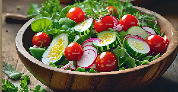 A colorful raw vegetable salad in a wooden bowl, showcasing fresh greens, cherry tomatoes, cucumbers, and radishes with a lemon dressing.