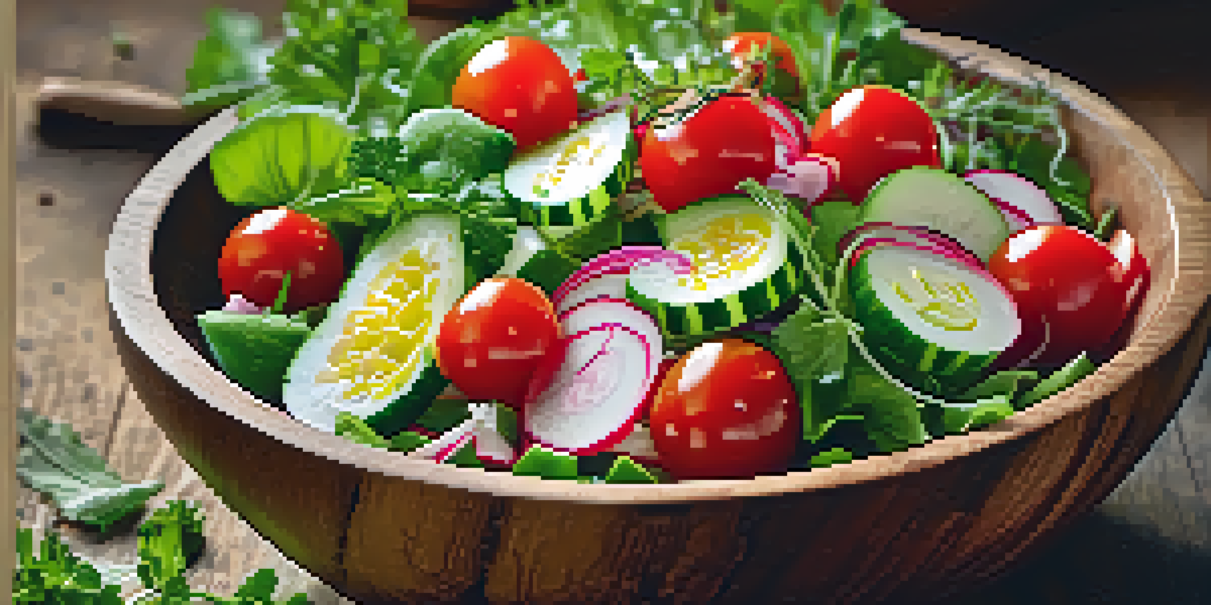 A colorful raw vegetable salad in a wooden bowl, showcasing fresh greens, cherry tomatoes, cucumbers, and radishes with a lemon dressing.