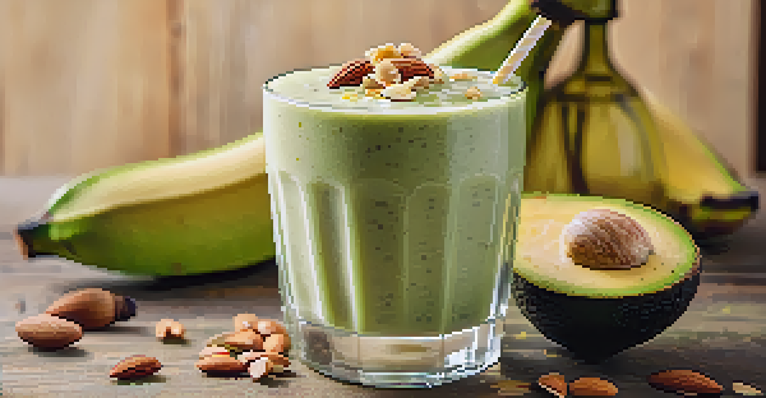 A stylish glass of banana and avocado smoothie topped with honey and crushed almonds, set on a rustic wooden table.