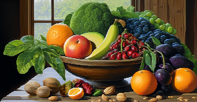 A colorful arrangement of fresh raw foods including fruits, vegetables, nuts, and seeds on a wooden table, with natural soft lighting enhancing their textures.