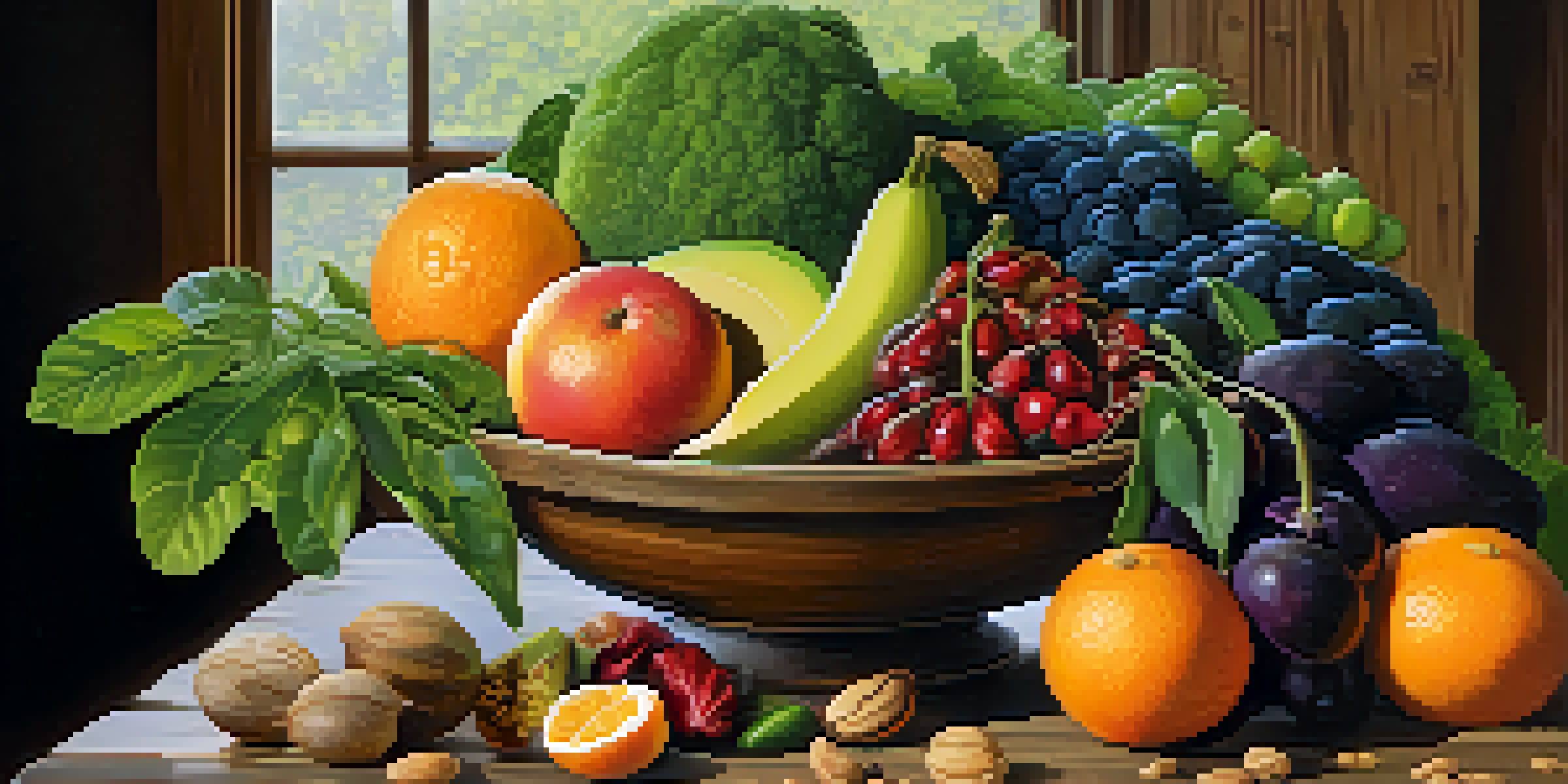 A colorful arrangement of fresh raw foods including fruits, vegetables, nuts, and seeds on a wooden table, with natural soft lighting enhancing their textures.