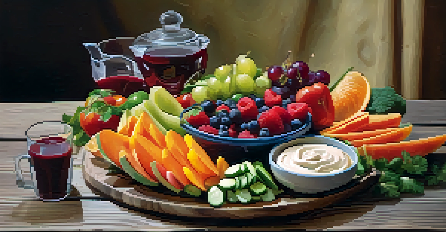 A close-up of a raw food platter with sliced fruits, colorful vegetables, and a dip on a rustic wooden table, illuminated by natural light.