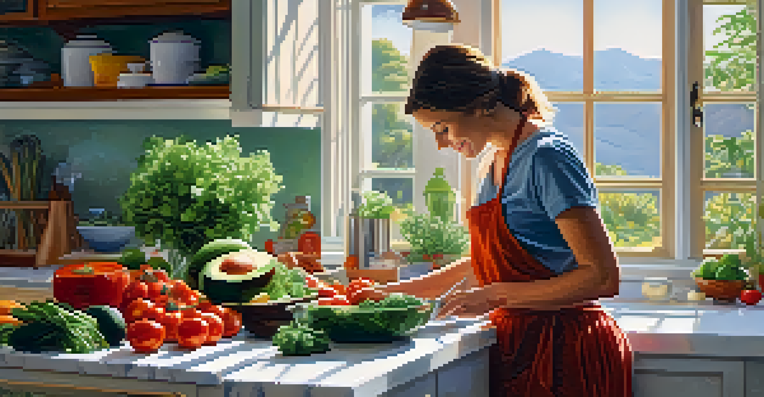 A person preparing raw food in a bright kitchen, surrounded by fresh ingredients on a marble countertop, with sunlight streaming through the window.