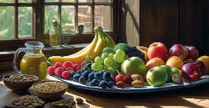 A colorful assortment of raw fruits, vegetables, nuts, and seeds arranged on a wooden table, illuminated by soft natural light.