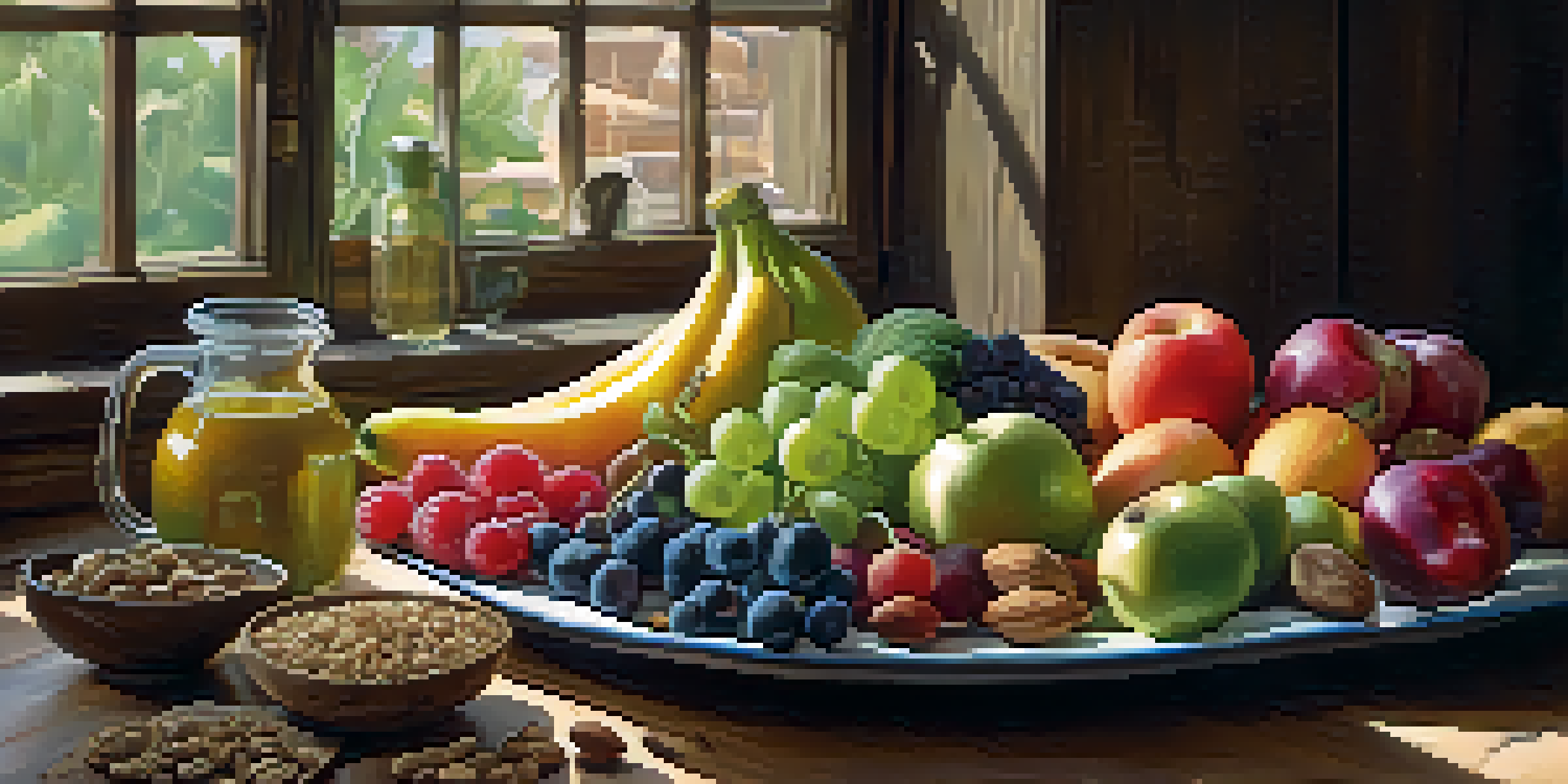 A colorful assortment of raw fruits, vegetables, nuts, and seeds arranged on a wooden table, illuminated by soft natural light.