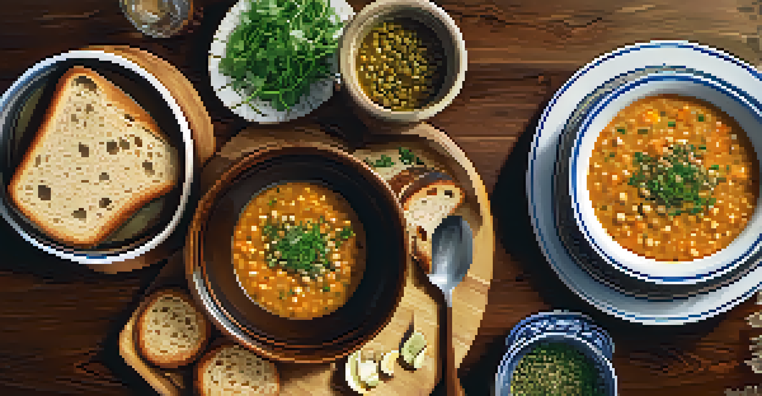 A cozy kitchen table set with a bowl of lentil and barley soup, slices of bread, and herbs, illuminated by warm light.