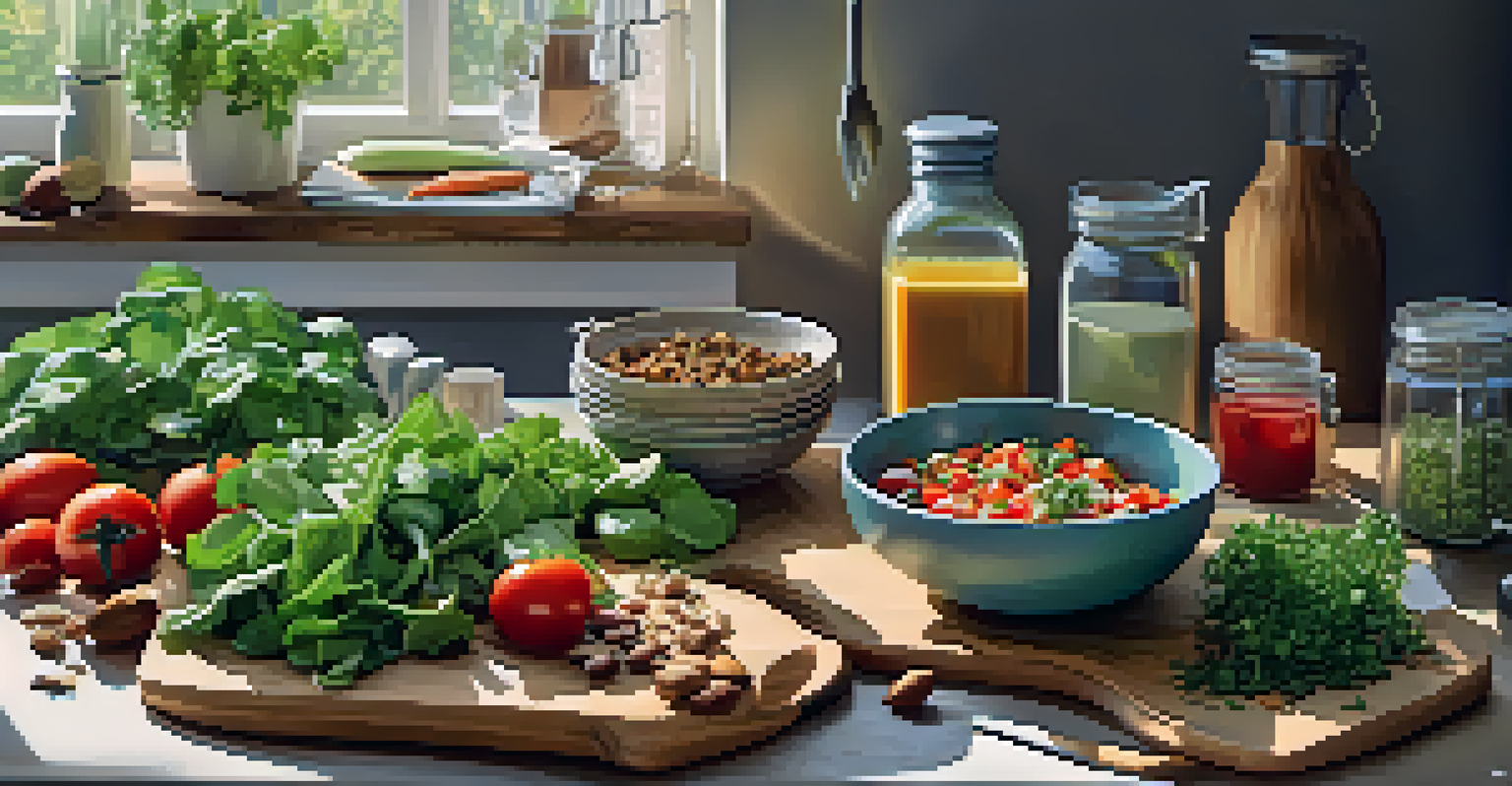 A kitchen countertop with fresh raw ingredients and kitchen tools, showcasing a meal prep scene.