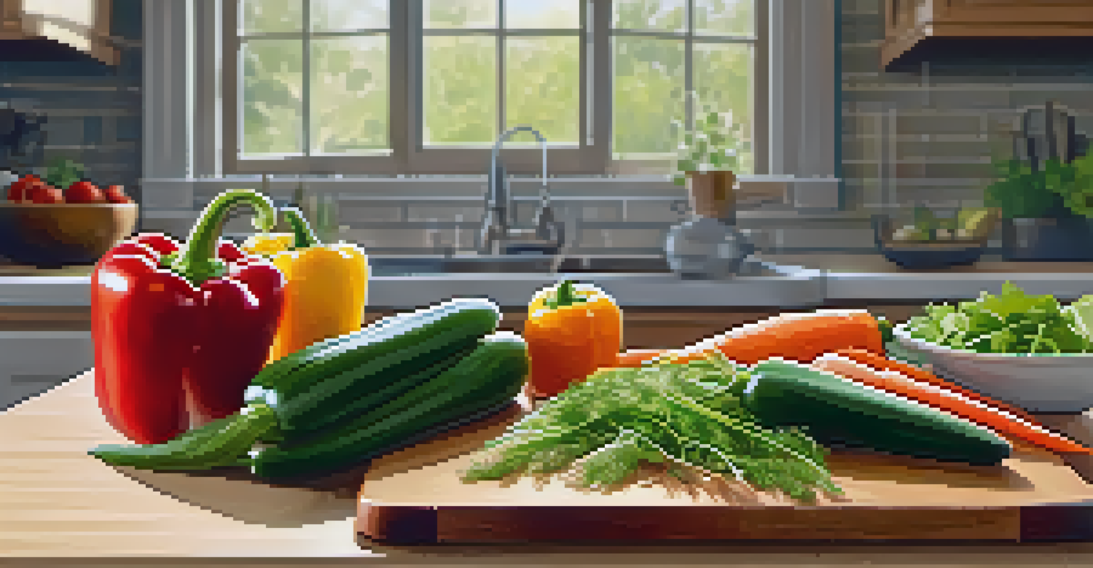 A wooden cutting board with colorful raw vegetables and a bowl of salad greens in a sunny kitchen setting.
