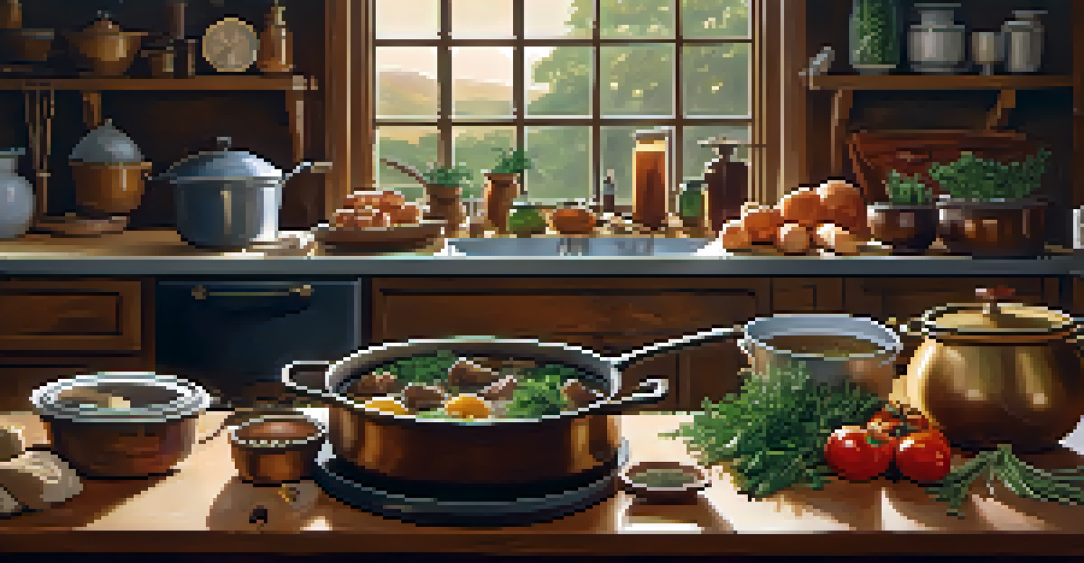 A rustic kitchen with a pot of simmering stew and fresh ingredients on the counter.