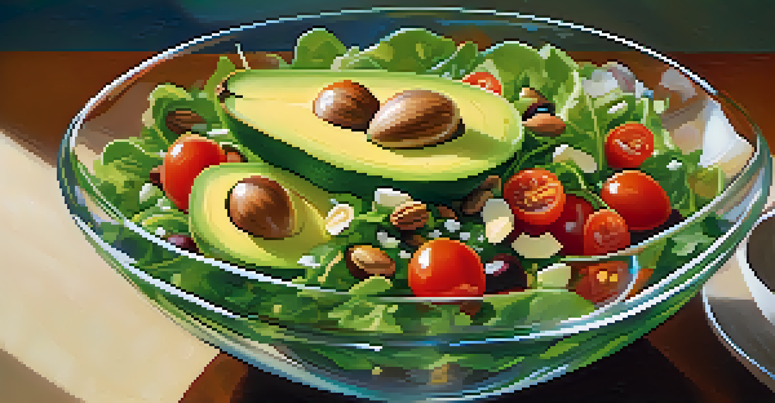 A fresh salad in a glass bowl with greens, avocados, and cherry tomatoes, set against a softly blurred kitchen background.