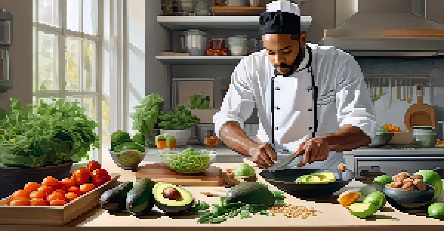 A chef in a modern kitchen preparing raw food with fresh ingredients on the countertop, illuminated by natural light.