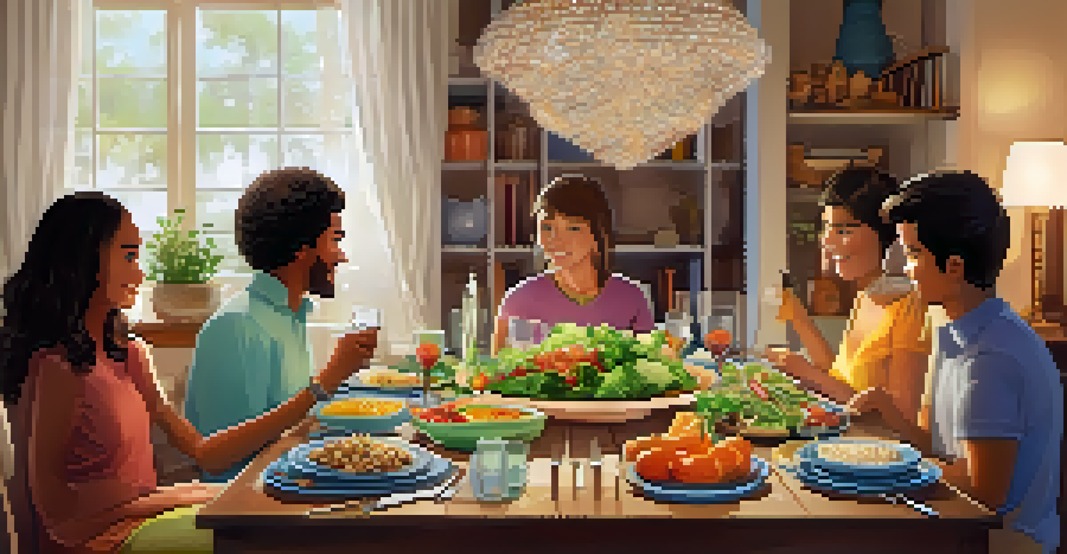 A family gathered around a dinner table filled with fresh salad, raw veggie sticks, and quinoa, enjoying their meal together.