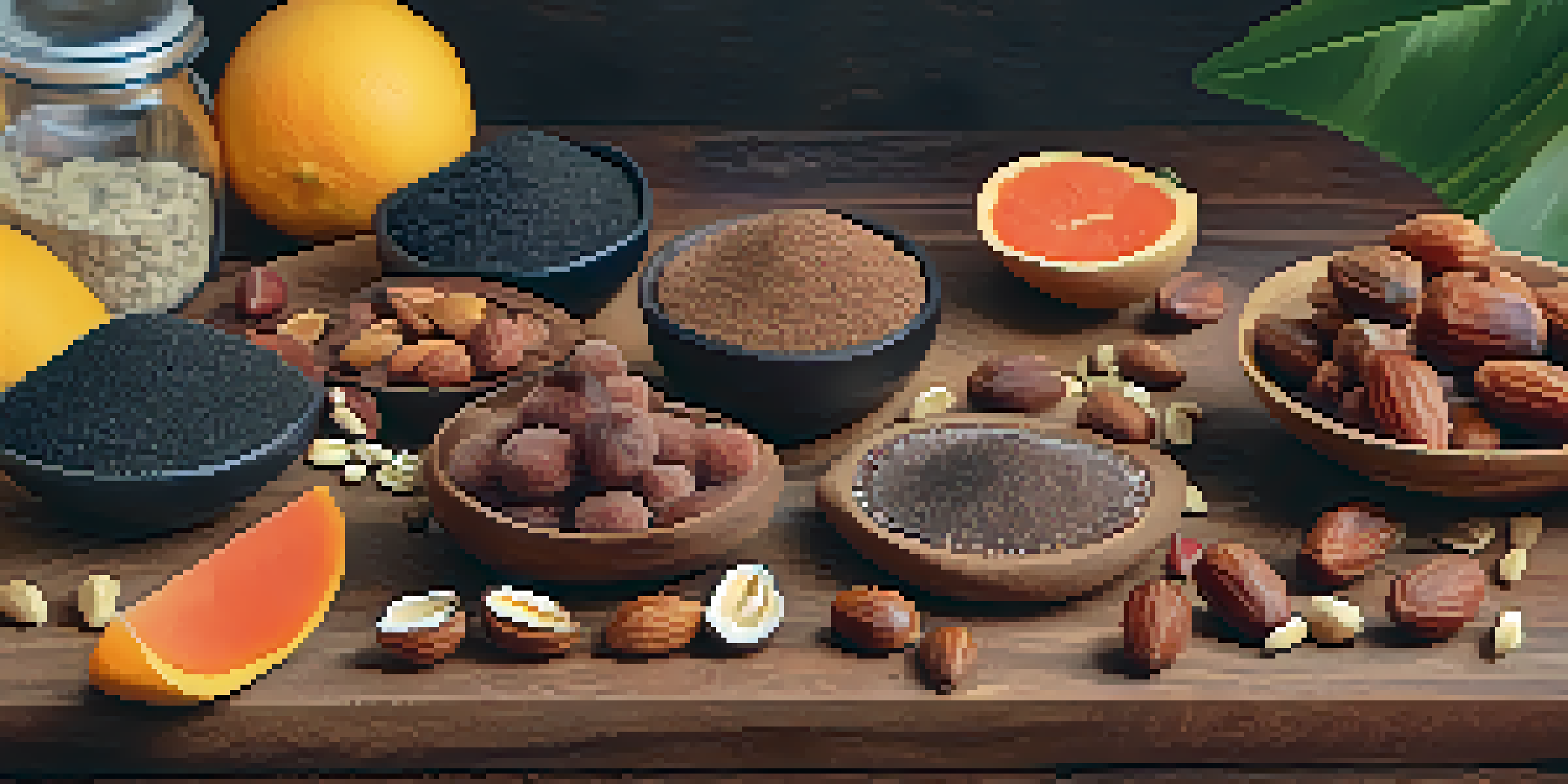 A wooden board filled with raw energy bites made from dates and nuts, surrounded by fruits and seeds in a warm kitchen setting.