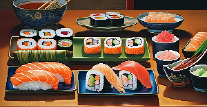 A colorful sushi platter featuring different types of sushi, including nigiri and maki, arranged on a wooden table.