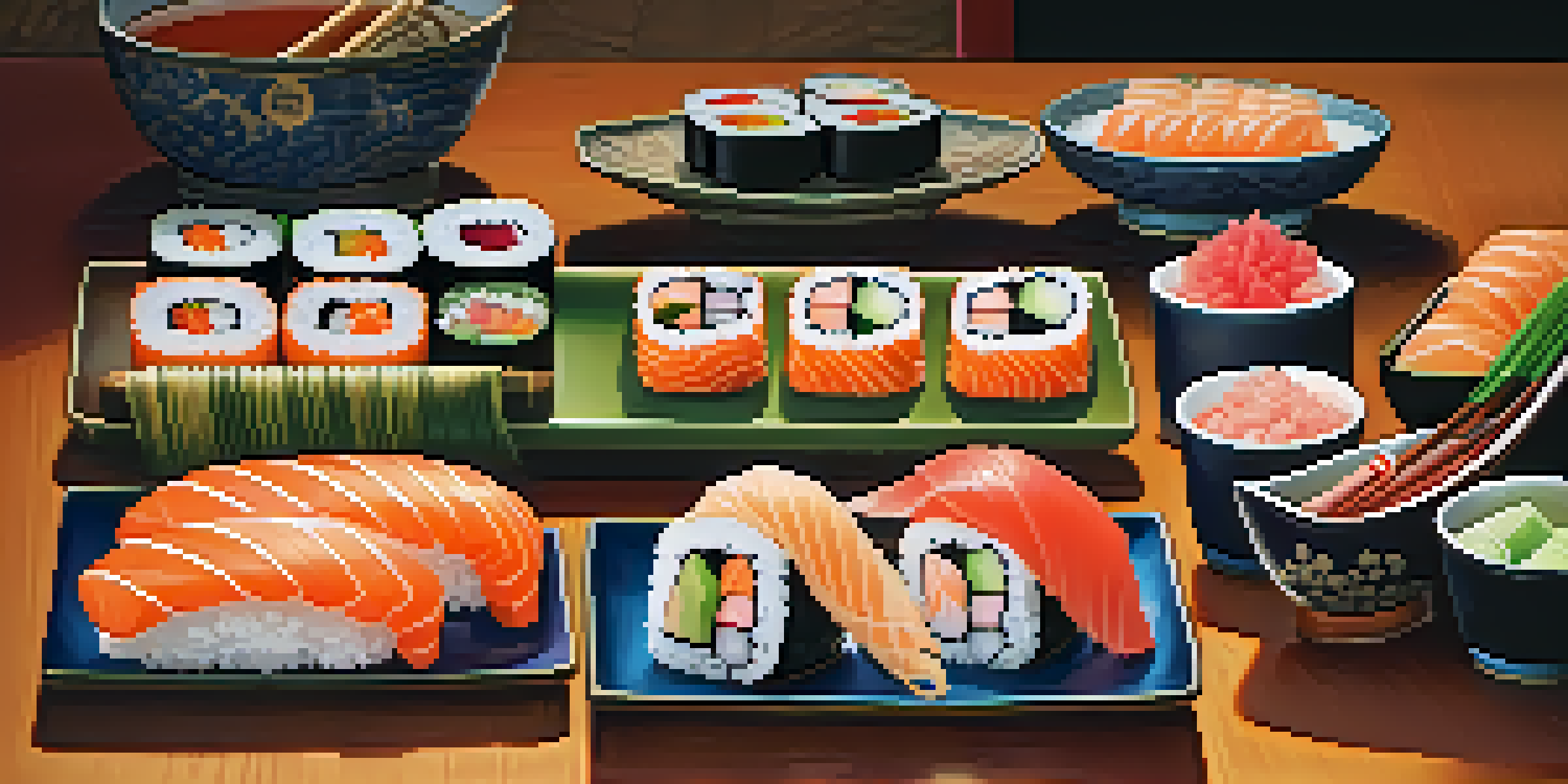 A colorful sushi platter featuring different types of sushi, including nigiri and maki, arranged on a wooden table.