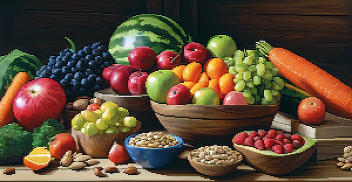 A colorful assortment of fresh fruits, vegetables, and nuts arranged on a wooden table, showcasing the beauty of raw food.