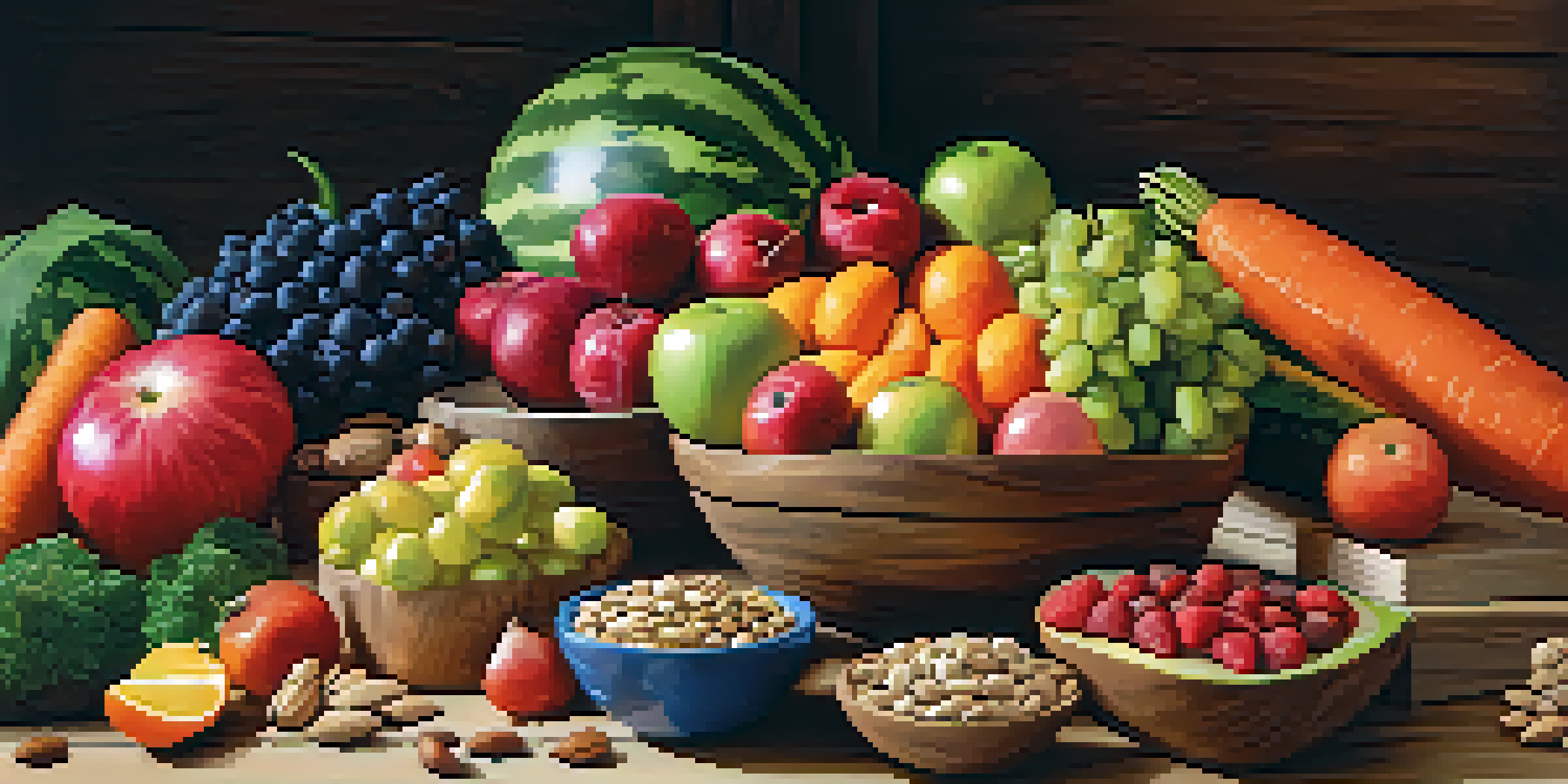 A colorful assortment of fresh fruits, vegetables, and nuts arranged on a wooden table, showcasing the beauty of raw food.