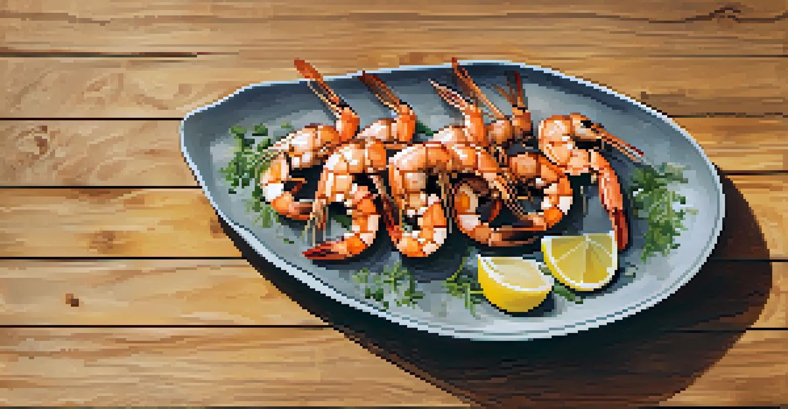 Grilled shrimp plated with a lemon wedge and herbs on a wooden table.