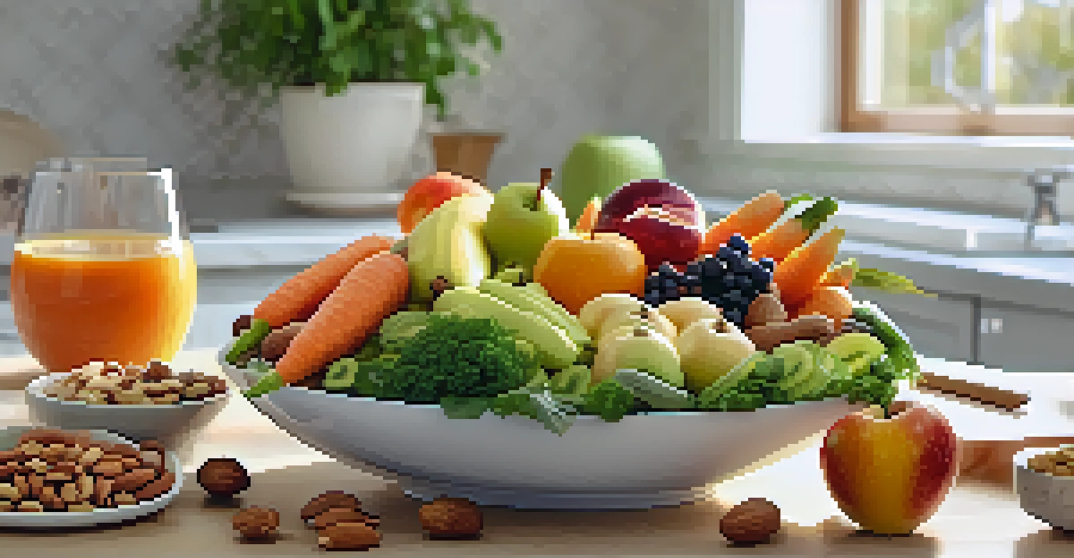 A platter of assorted raw fruits and vegetables including carrot sticks and apple slices on a sunny kitchen counter with a plant in the background.
