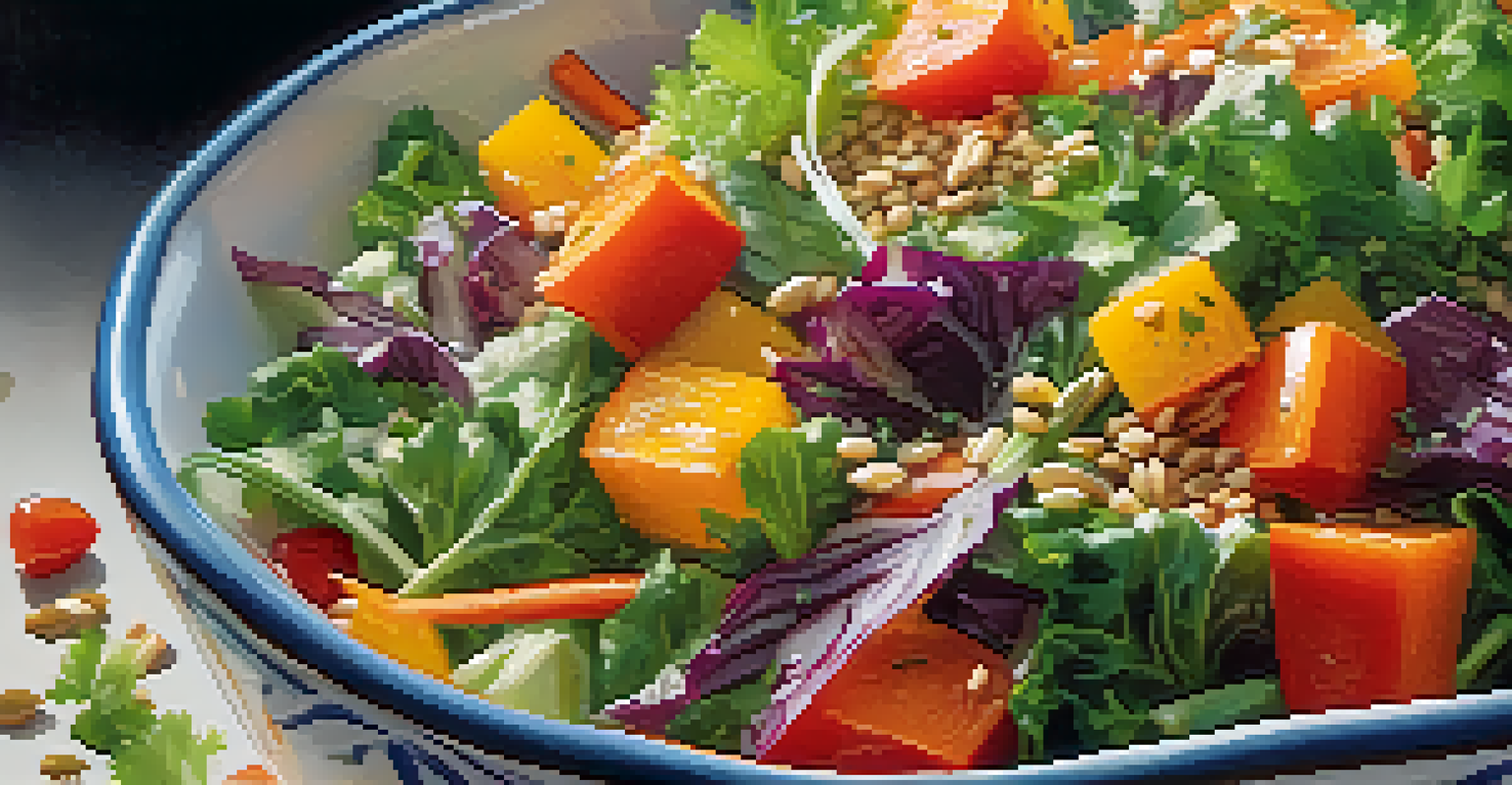 A close-up view of a colorful salad bowl filled with fresh vegetables and seeds, illuminated by natural light.