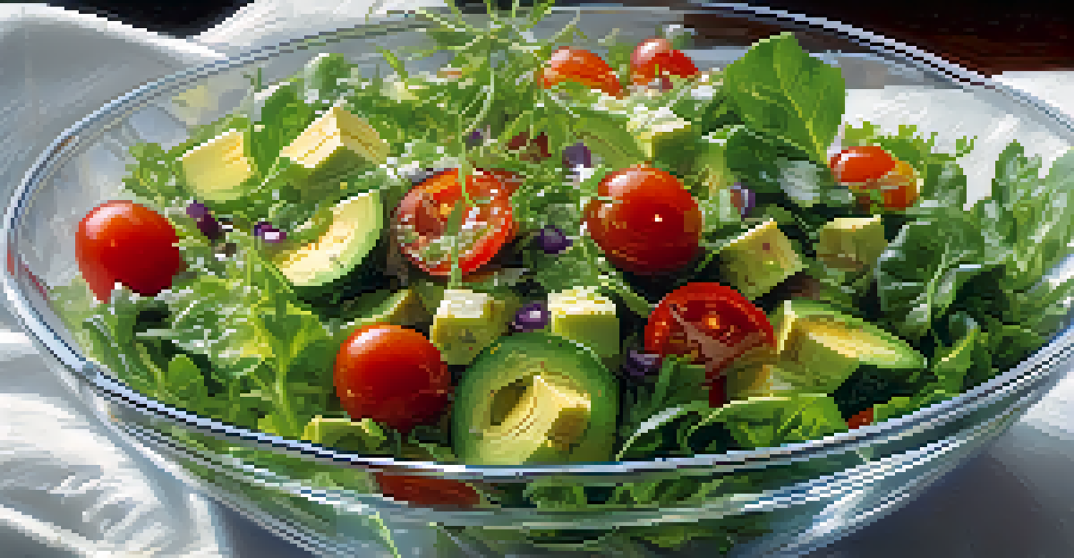 A fresh raw salad in a glass bowl, featuring greens, avocados, and tomatoes, presented on a white tablecloth with soft lighting.