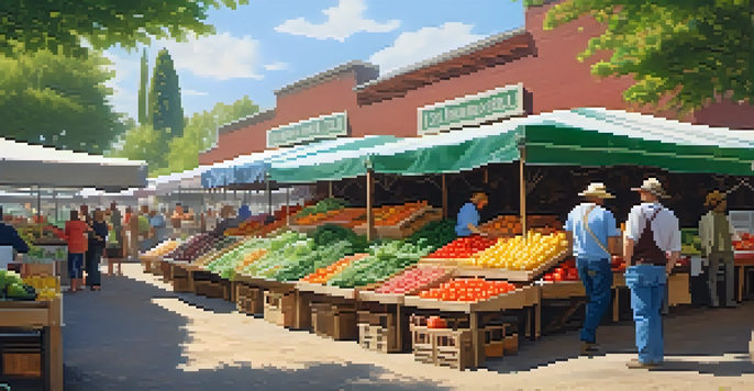 A lively farmer's market filled with colorful fruits and vegetables, with farmers and shoppers interacting under warm sunlight.