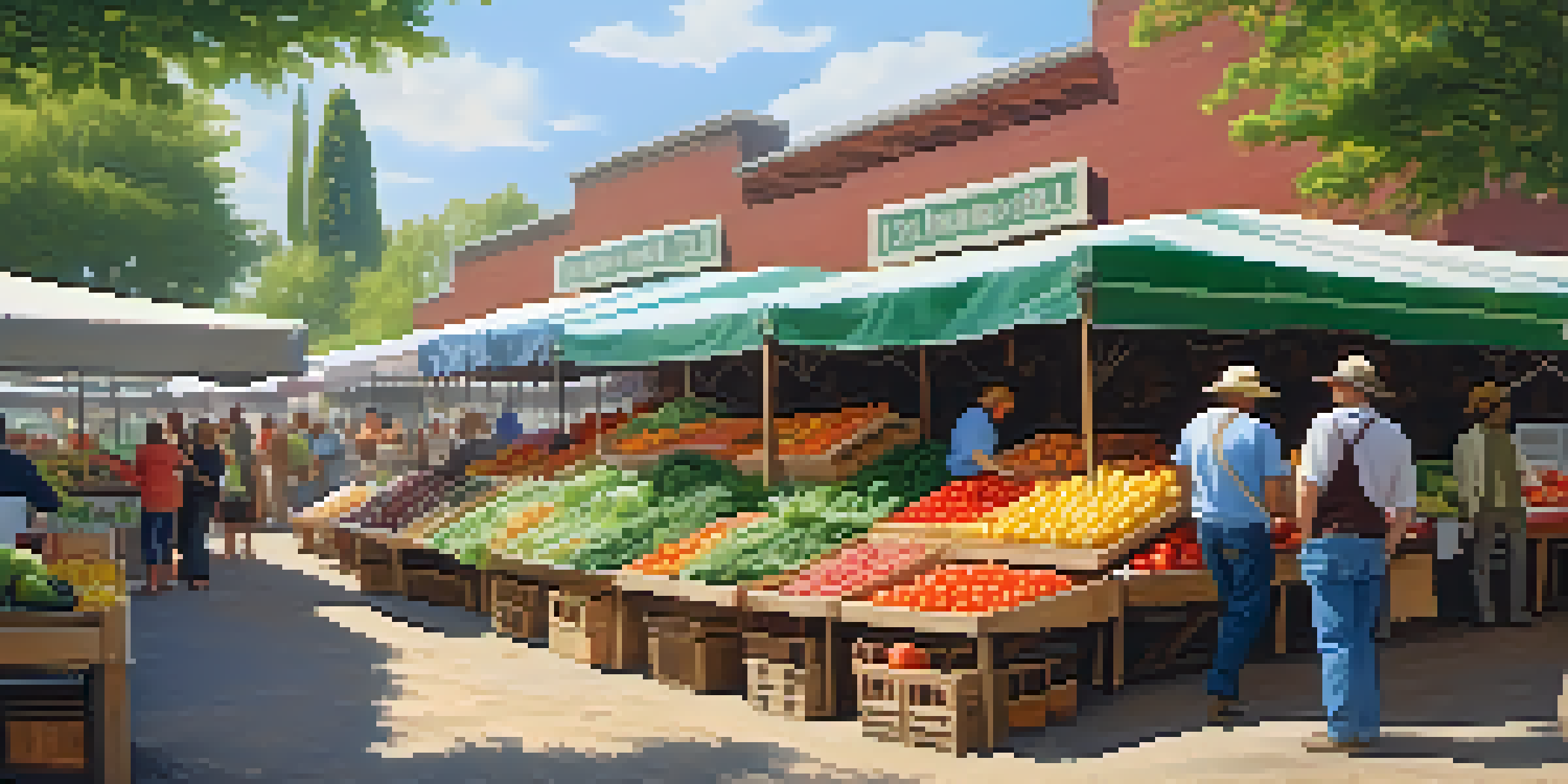 A lively farmer's market filled with colorful fruits and vegetables, with farmers and shoppers interacting under warm sunlight.