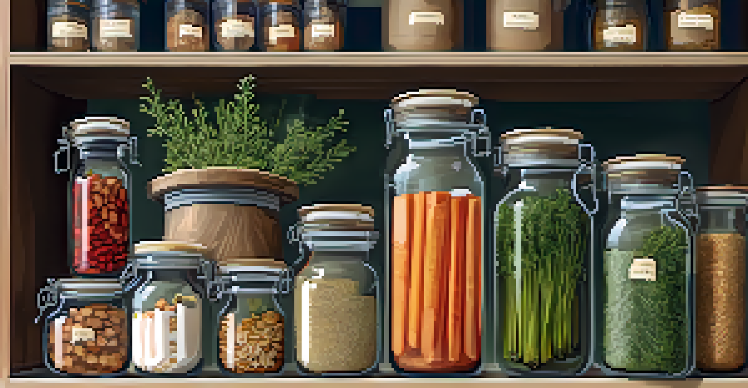 Glass jars filled with various dehydrated foods such as herbs, vegetables, and fruits in a cozy kitchen setting.
