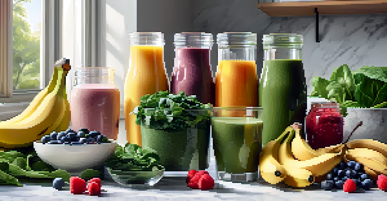 A marble countertop displaying fresh smoothie ingredients like spinach, kale, bananas, and berries, with a blender filled with a green smoothie in the foreground.