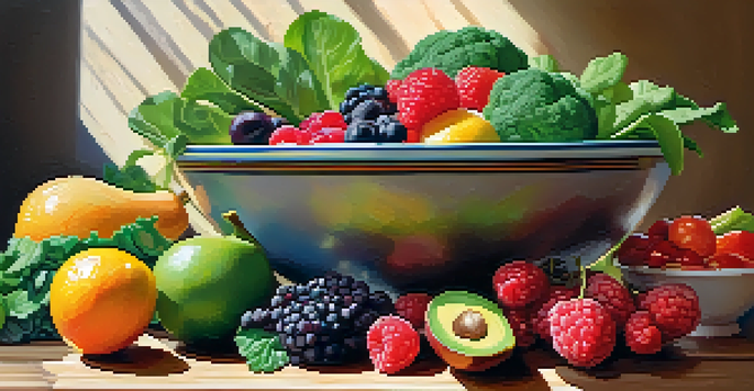 A bowl filled with a variety of raw fruits and vegetables, showcasing bright colors and textures under natural sunlight.
