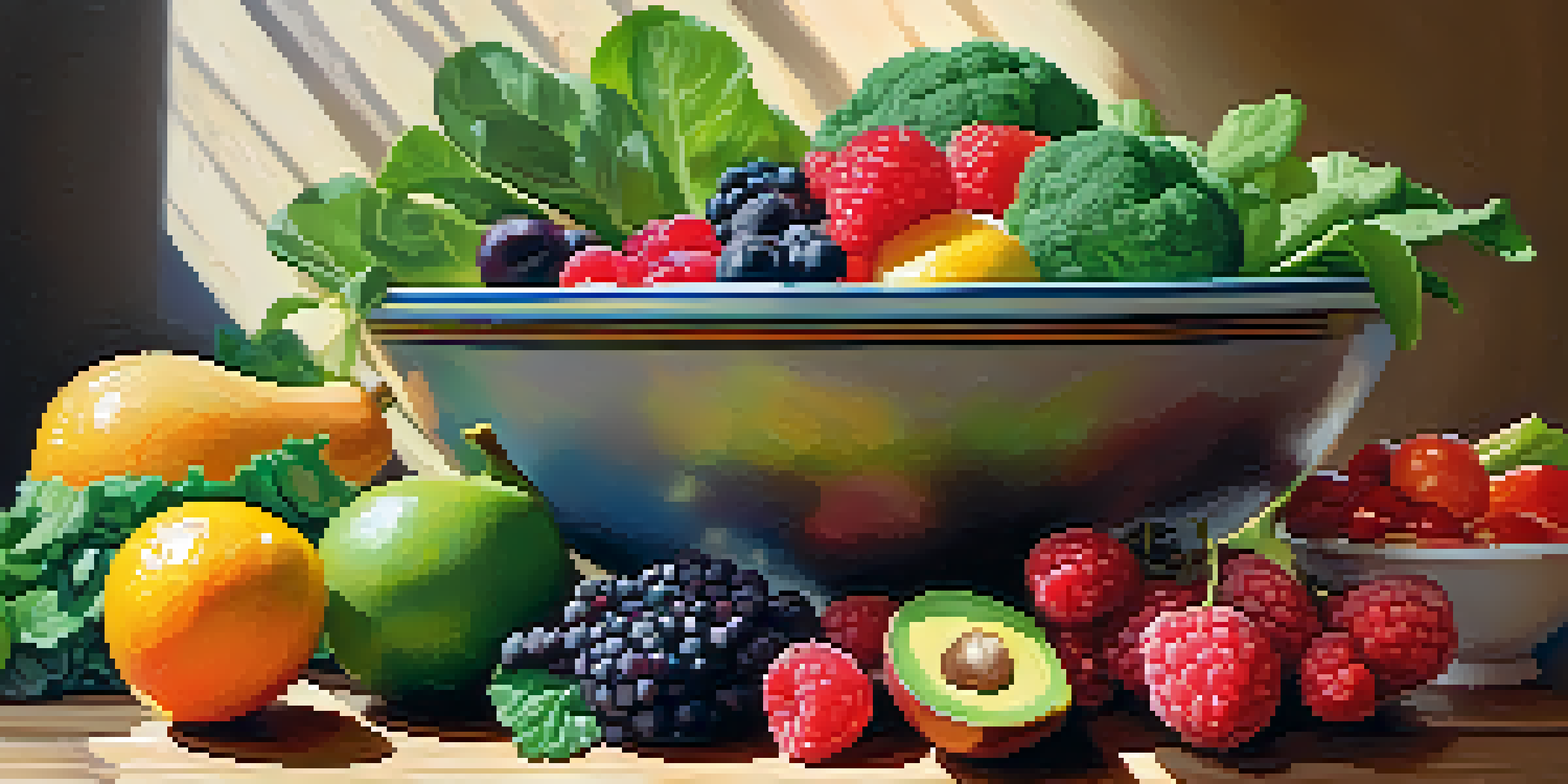 A bowl filled with a variety of raw fruits and vegetables, showcasing bright colors and textures under natural sunlight.