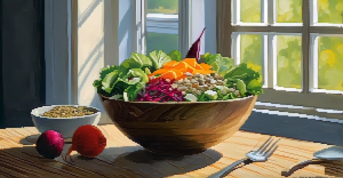 A colorful salad bowl with leafy greens, beets, carrots, and avocado on a wooden table, illuminated by soft natural light.