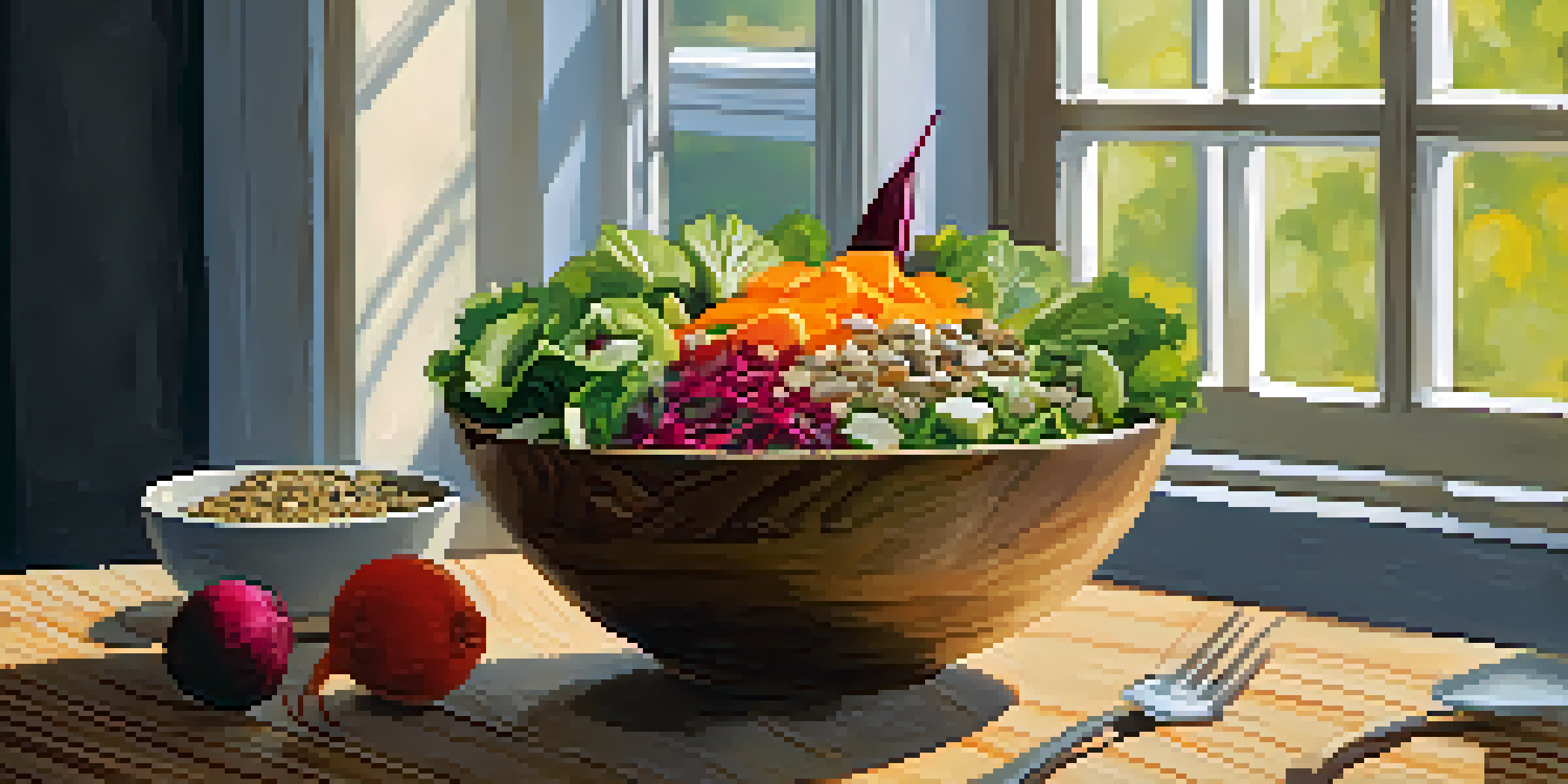 A colorful salad bowl with leafy greens, beets, carrots, and avocado on a wooden table, illuminated by soft natural light.