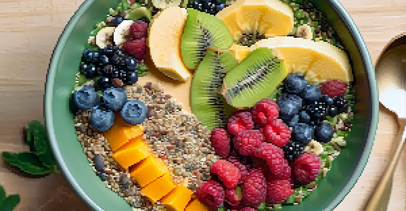 A smoothie bowl with a green base topped with fresh fruits and seeds, set on a light wooden surface with a spoon beside it.