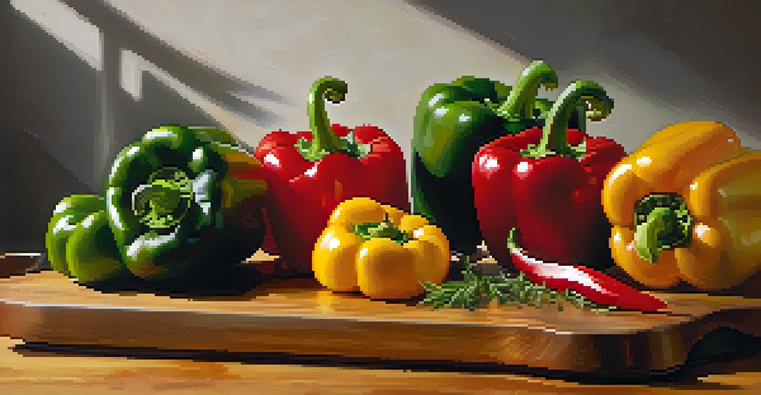 A wooden cutting board with colorful bell peppers cut into strips, accompanied by a knife and herbs, illuminated by natural light.